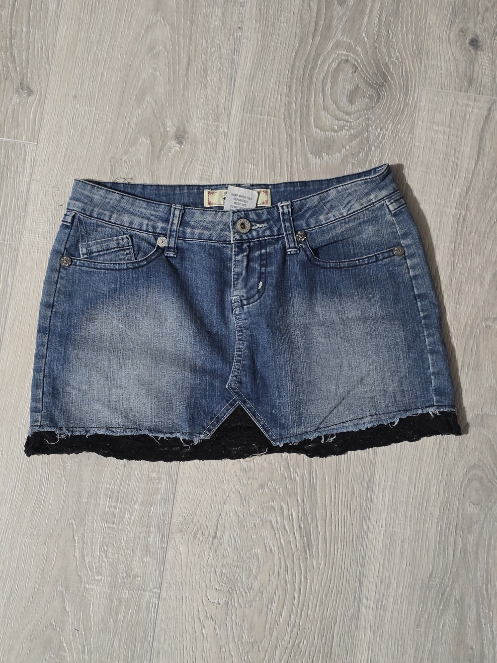 YMI Blue Denim Mini Skirt with Black Lace Hem